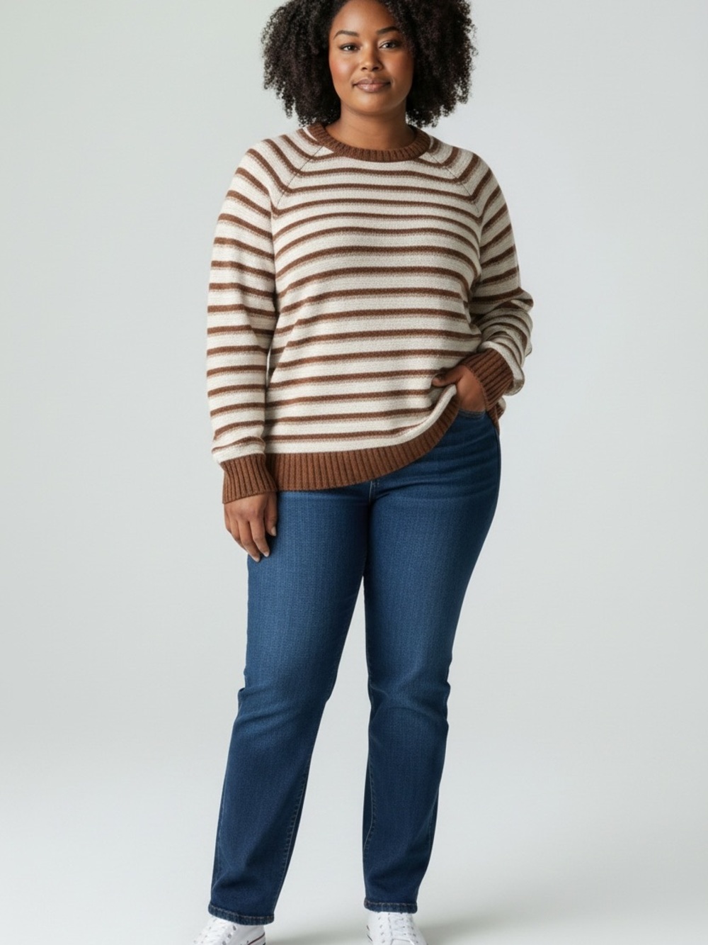Dex Cream and Brown Striped Crewneck Sweater